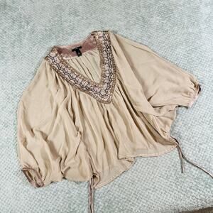 vintage y2k beige sequin slouchy silky embroidered tunic boho blouse LEEBE M